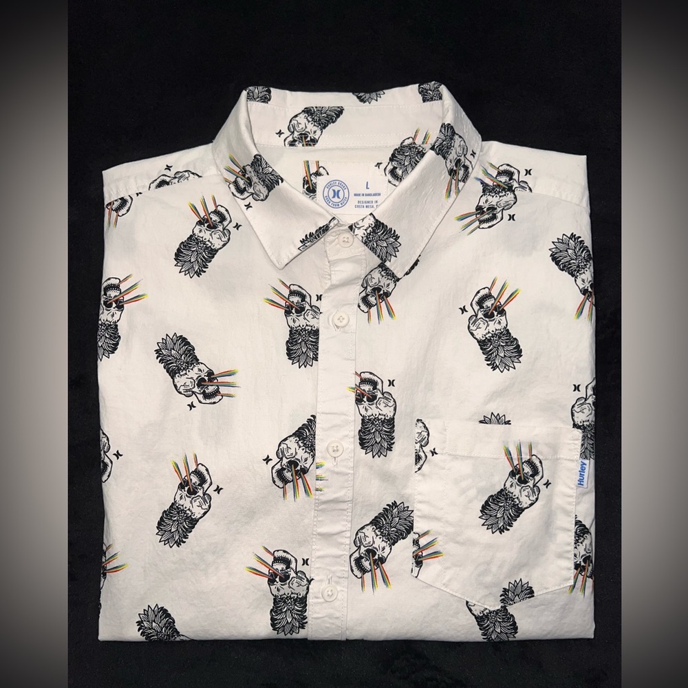 Hurley Men's Pineapple Skull Rainbow Button Up Shirt, Large, Stretch Fit